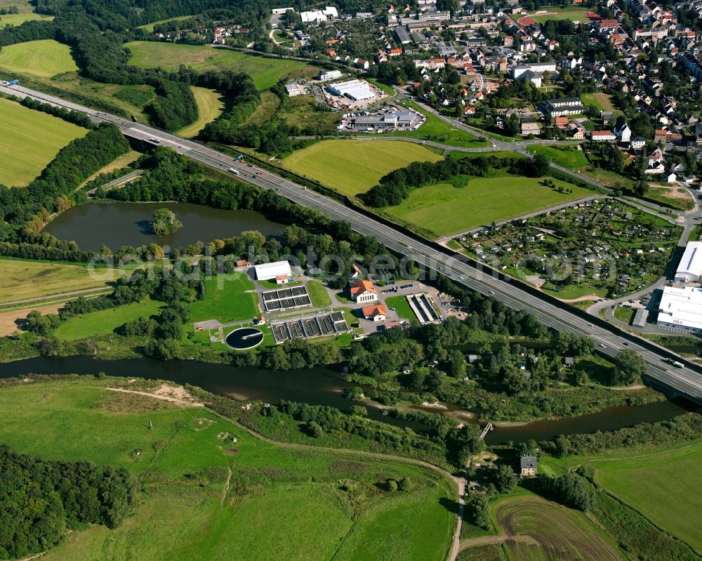 Frankenberg/Sa. from above - Sewage works Basin and purification steps for waste water treatment in Frankenberg/Sa. in the state Saxony, Germany