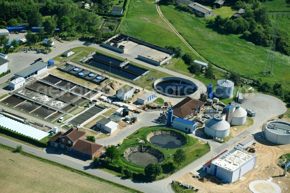 Grevesmühlen from above - Sewage works Basin and purification steps for waste water treatment in Grevesmuehlen in the state Mecklenburg - Western Pomerania, Germany