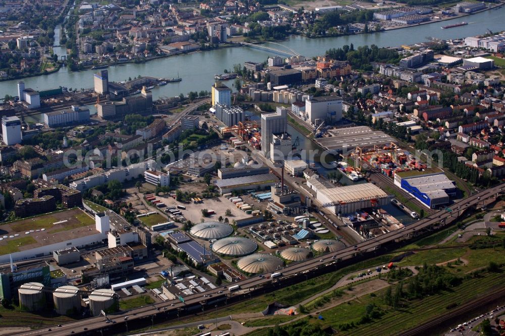 Aerial photograph Basel - Sewage works Basin and purification steps for waste water treatmen ProRheno in the harbour area in Basel, Switzerland