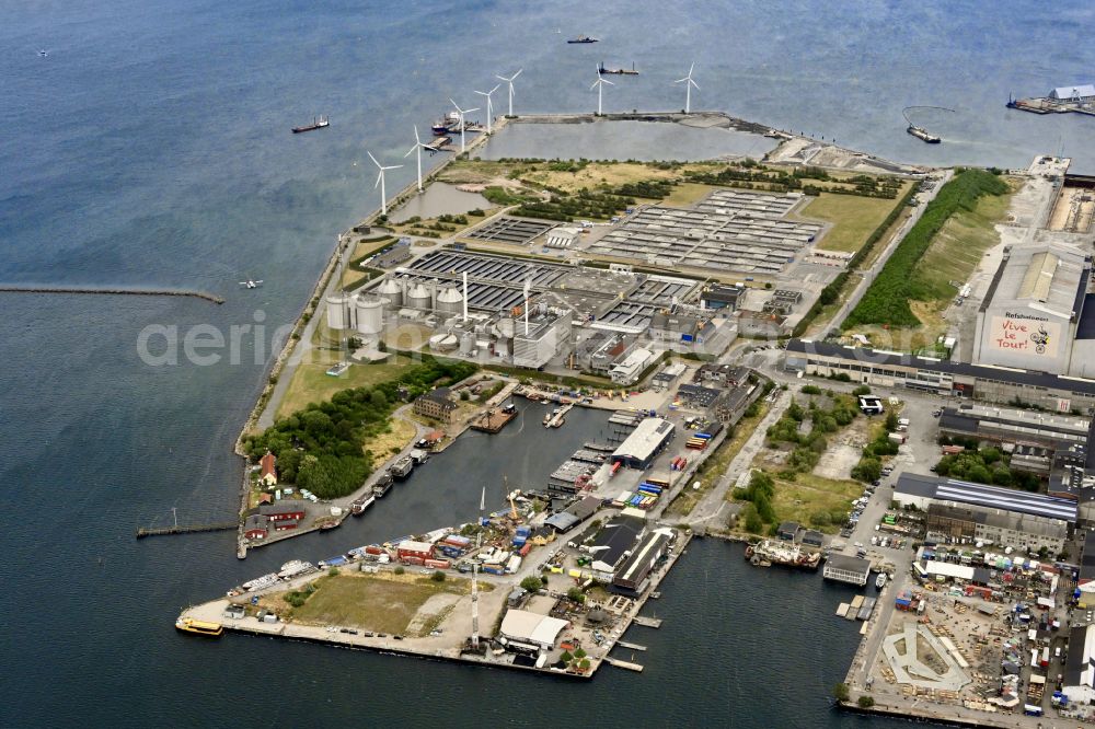 Kopenhagen from above - Sewage works Basin and purification steps for waste water treatment on Refshaleoeen peninsula in Copenhagen in Region Hovedstaden, Denmark