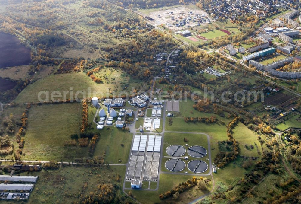 Halle (Saale) from above - Sewage works Basin and purification steps for waste water treatment Halle Nord in Halle (Saale) in the state Saxony-Anhalt