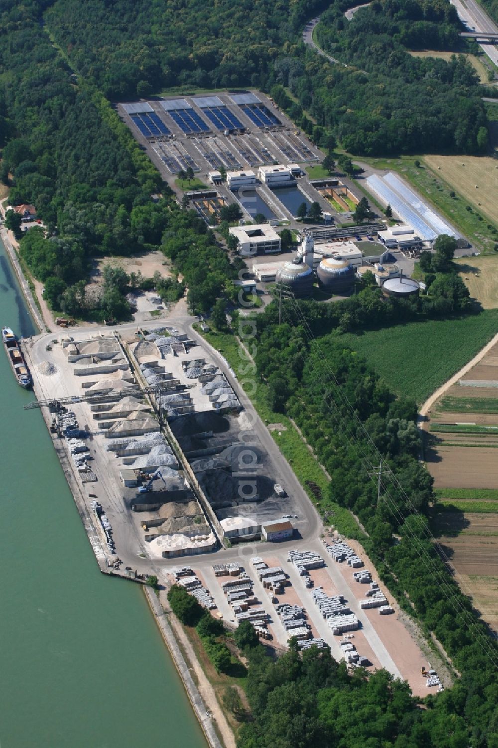 Weil am Rhein from above - Sewage works basins and purification steps for waste water treatment Baendlegrund in the district Haltingen in Weil am Rhein in the state Baden-Wurttemberg, Germany