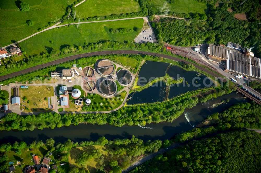 Iserlohn from the bird's eye view: Sewage works Basin and purification steps for waste water treatment of the sewage works at the Berg- street in Letmathe in Iserlohn in the state North Rhine-Westphalia