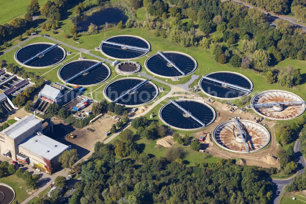 Düsseldorf from the bird's eye view: Wastewater treatment plant basins and cleaning stages for wastewater treatment at the Duesseldorf South wastewater treatment plant on Hammer Deich in Duesseldorf in the federal state of North Rhine-Westphalia