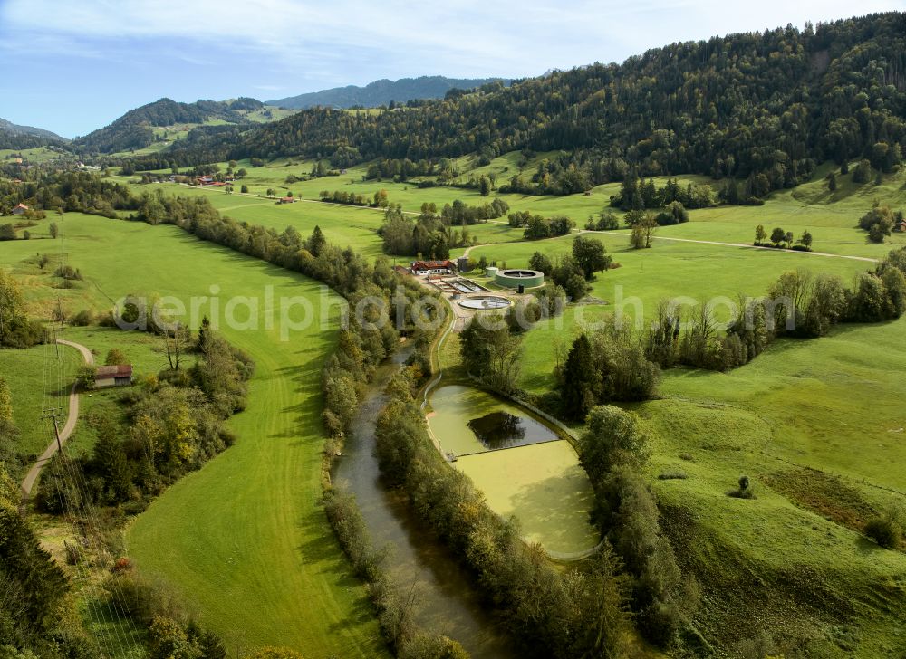 Oberstaufen from the bird's eye view: Sewage treatment plant basins and purification stages for wastewater treatment in the Weissach Valley in Oberstaufen Allgaeu in the state of Bavaria, Germany