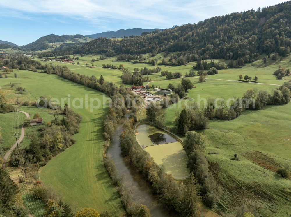 Aerial image Oberstaufen - Sewage treatment plant basins and purification stages for wastewater treatment in the Weissach Valley in Oberstaufen Allgaeu in the state of Bavaria, Germany