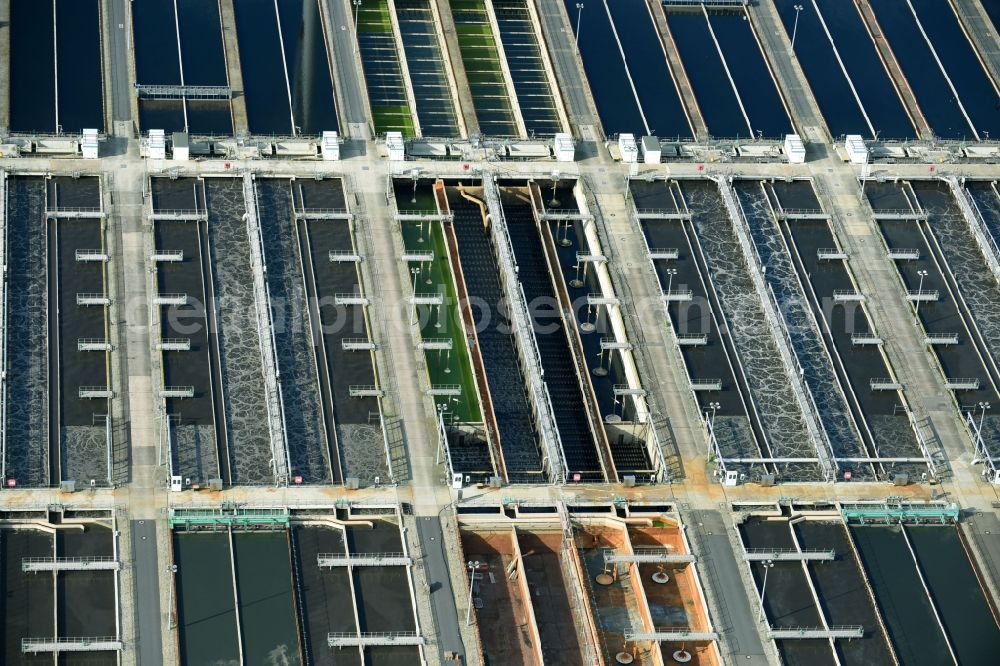 Schönerlinde from above - Sewage works Basin and purification steps for waste water treatment in Schoenerlinde in the state Brandenburg, Germany