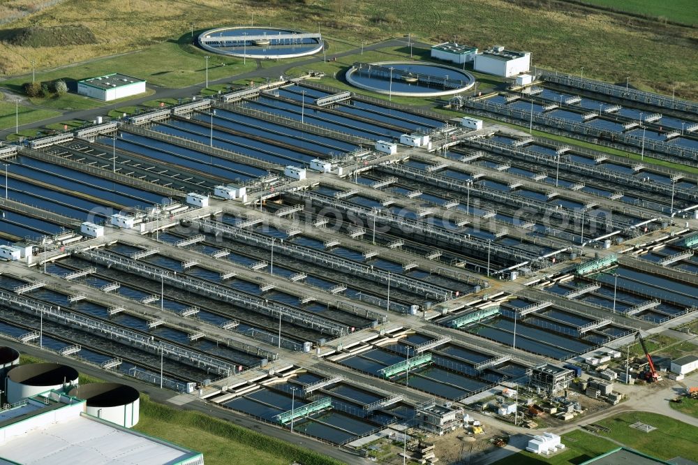 Schönerlinde from the bird's eye view: Sewage works Basin and purification steps for waste water treatment Berliner Wasserbetriebe in Schoenerlinde in the state Brandenburg