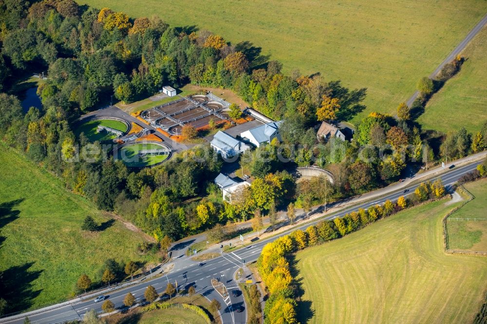 Schmallenberg from the bird's eye view: Sewage works Basin for waste water treatment of the Ruhr association near the federal highway BAB 236 in Schmallenberg in the state North Rhine-Westphalia