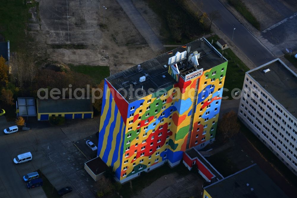 Neubrandenburg from above - By Michael Fischer colorful designed office building of Phoenix Real Estate GmbH & Co KG in Neubrandenburg in Mecklenburg-Western Pomerania