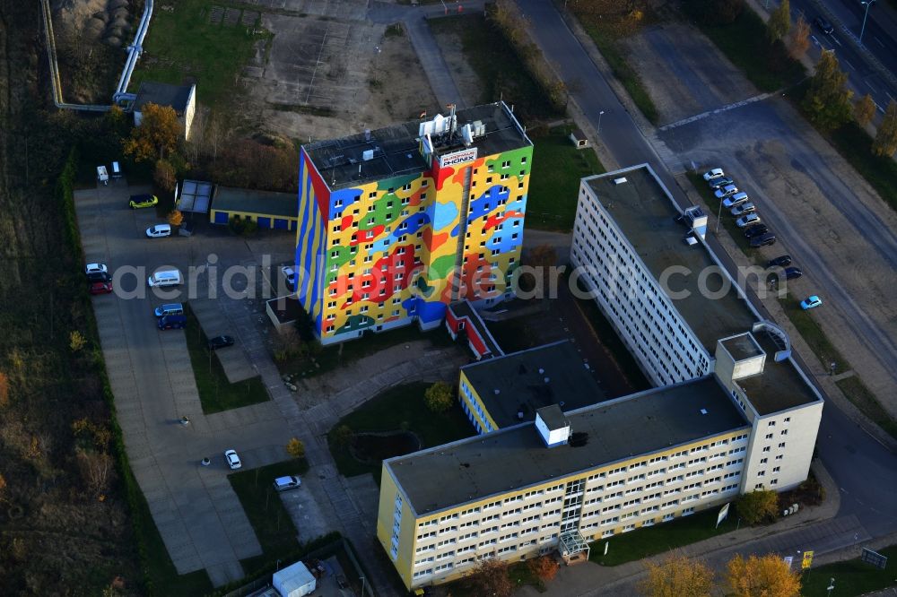 Neubrandenburg from the bird's eye view: By Michael Fischer colorful designed office building of Phoenix Real Estate GmbH & Co KG in Neubrandenburg in Mecklenburg-Western Pomerania