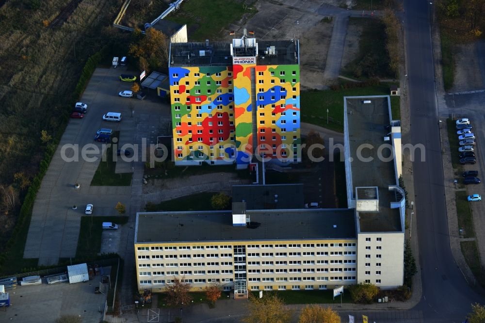 Aerial image Neubrandenburg - By Michael Fischer colorful designed office building of Phoenix Real Estate GmbH & Co KG in Neubrandenburg in Mecklenburg-Western Pomerania