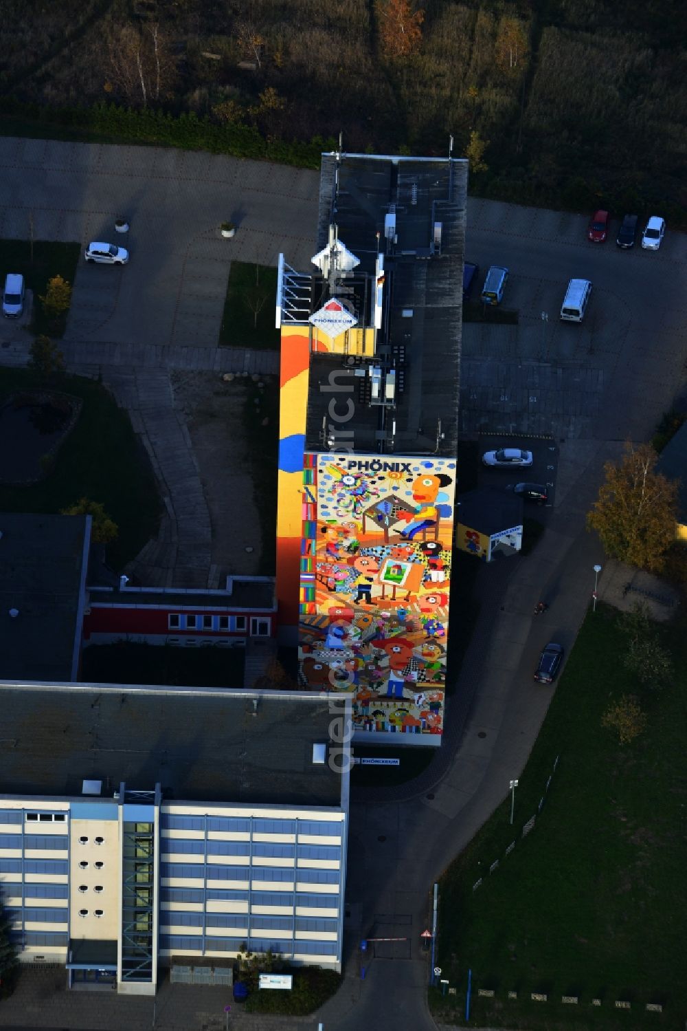 Neubrandenburg from above - By Michael Fischer colorful designed office building of Phoenix Real Estate GmbH & Co KG in Neubrandenburg in Mecklenburg-Western Pomerania