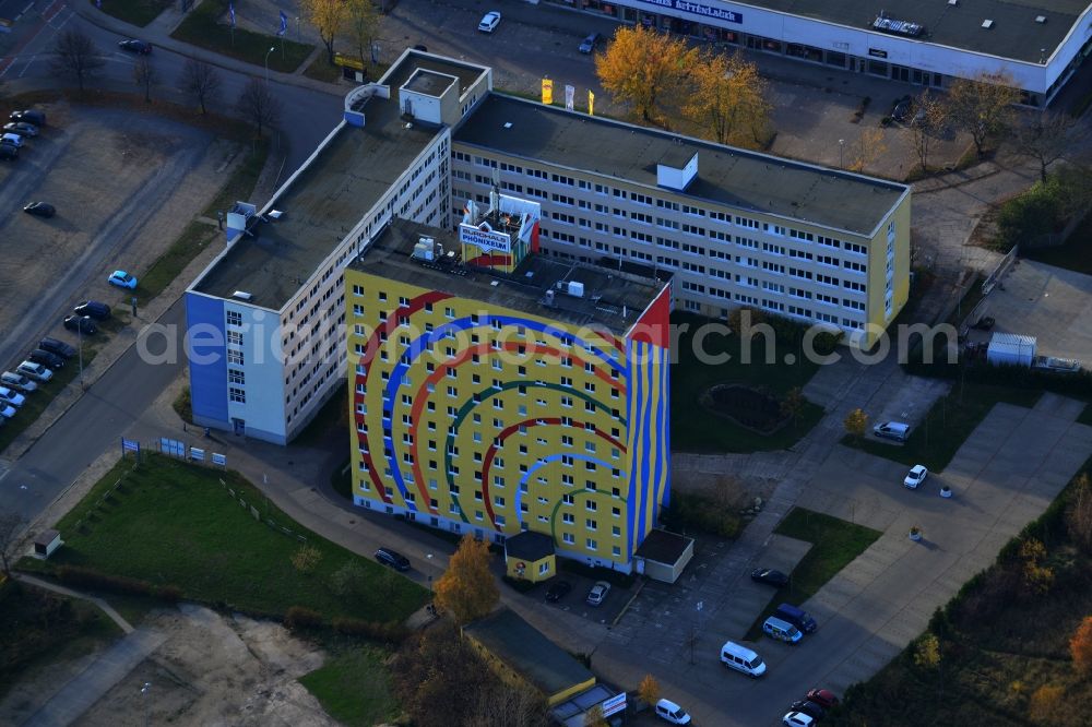 Neubrandenburg from above - By Michael Fischer colorful designed office building of Phoenix Real Estate GmbH & Co KG in Neubrandenburg in Mecklenburg-Western Pomerania