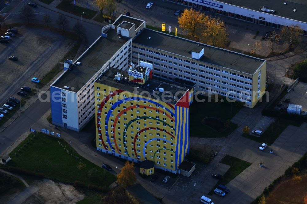 Neubrandenburg from the bird's eye view: By Michael Fischer colorful designed office building of Phoenix Real Estate GmbH & Co KG in Neubrandenburg in Mecklenburg-Western Pomerania