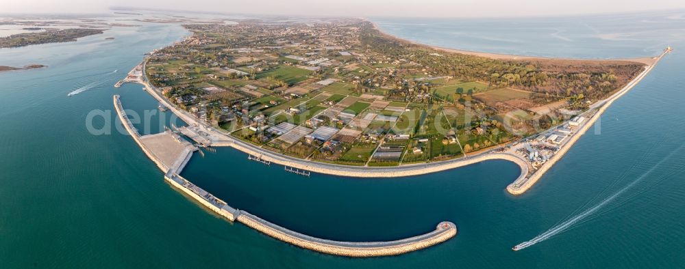 Punta Sabbioni from the bird's eye view: Artificial Island for high-water protection of the lido di Venezia Isola Artificiale del Baccan di Sant'Erasmo near Punta Sabbioni in Venetien, Italy