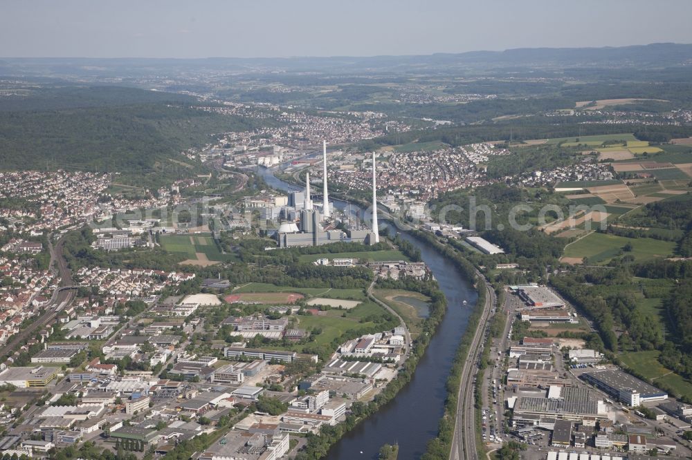 Aerial image Altbach - Coal thermal power station on the banks of the Neckar flux flow in Altbach in the state of Baden-Wuerttemberg