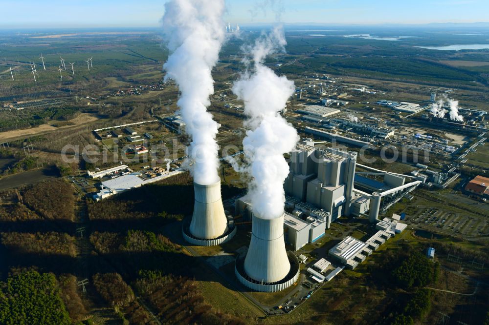 Spremberg from the bird's eye view: Coal power plants of der LEAG Lausitz Energiekraftwerke the district Schwarze Pumpe in Spremberg in the state Brandenburg, Germany