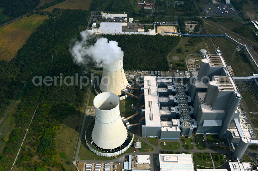 Spremberg from the bird's eye view: Coal power plants of der LEAG Lausitz Energiekraftwerke the district Schwarze Pumpe in Spremberg in the state Brandenburg, Germany