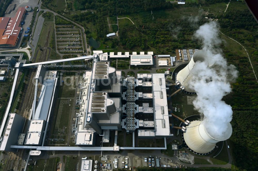 Spremberg from above - Coal power plants of der LEAG Lausitz Energiekraftwerke the district Schwarze Pumpe in Spremberg in the state Brandenburg, Germany