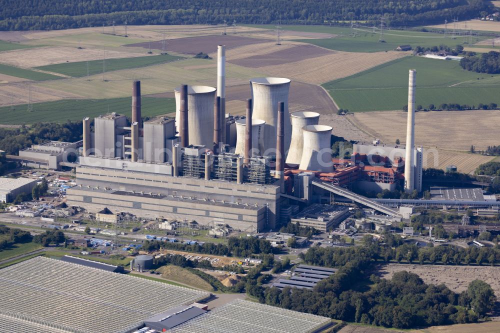 Niederaußem from above - Coal power plants of the RWE Power AG Kraftwerk Niederaussem in the district Niederaussem in Bergheim in the state North Rhine-Westphalia, Germany