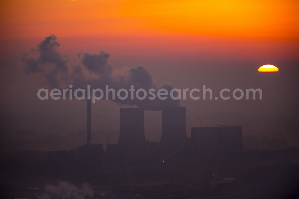 Aerial image Hamm - Coal-fired power plant Westphalia in the sunrise with smoke and cooling towers in Hamm, North Rhine-Westphalia, Germany