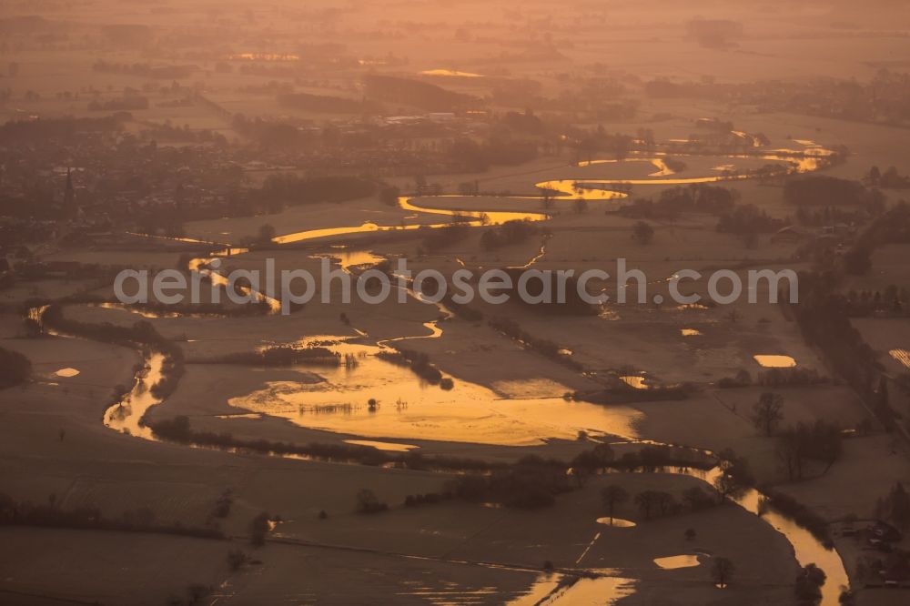 Aerial image Hamm - Coal-fired power plant Westphalia in the sunrise with smoke and cooling towers in Hamm, North Rhine-Westphalia, Germany