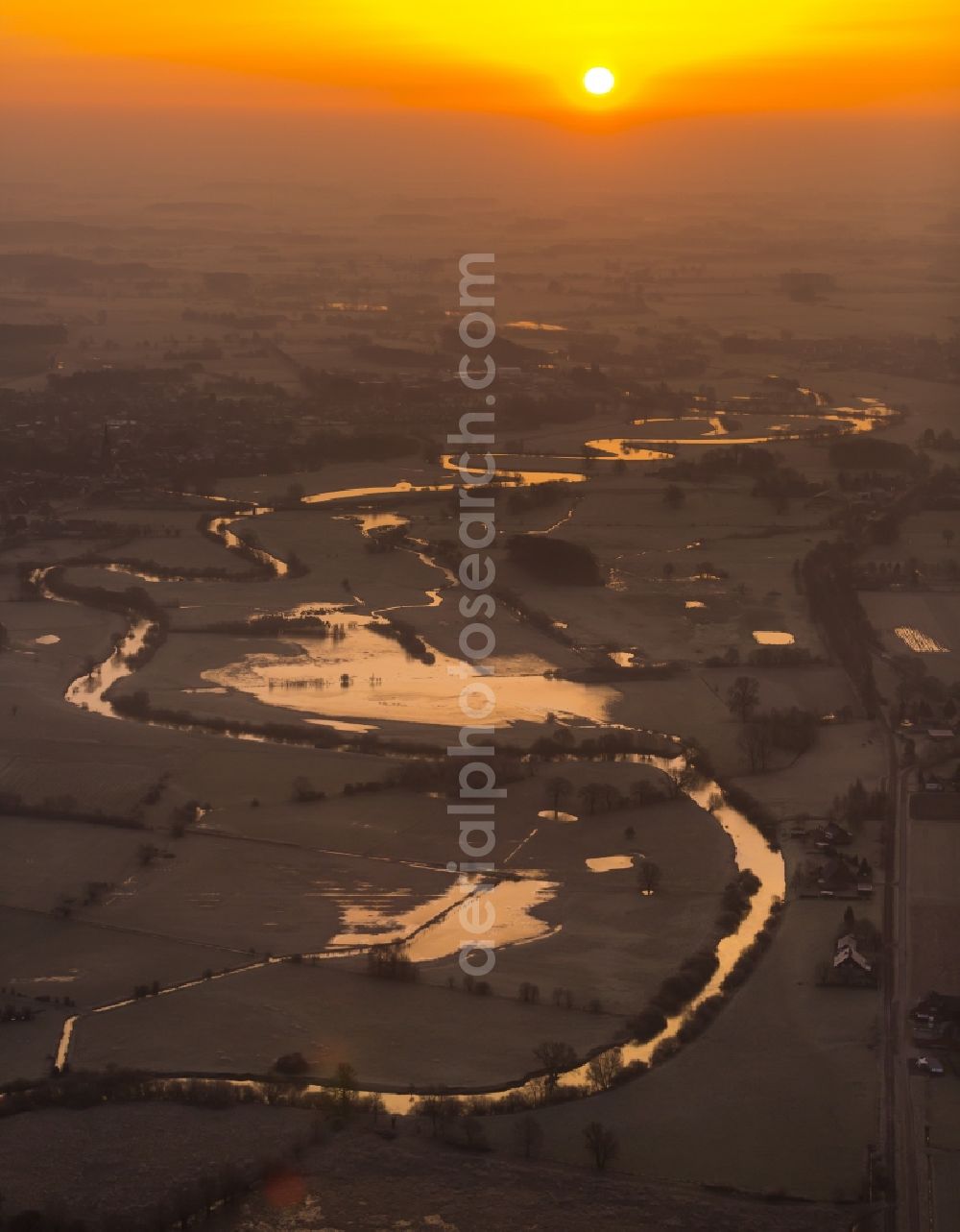 Aerial photograph Hamm - Coal-fired power plant Westphalia in the sunrise with smoke and cooling towers in Hamm, North Rhine-Westphalia, Germany