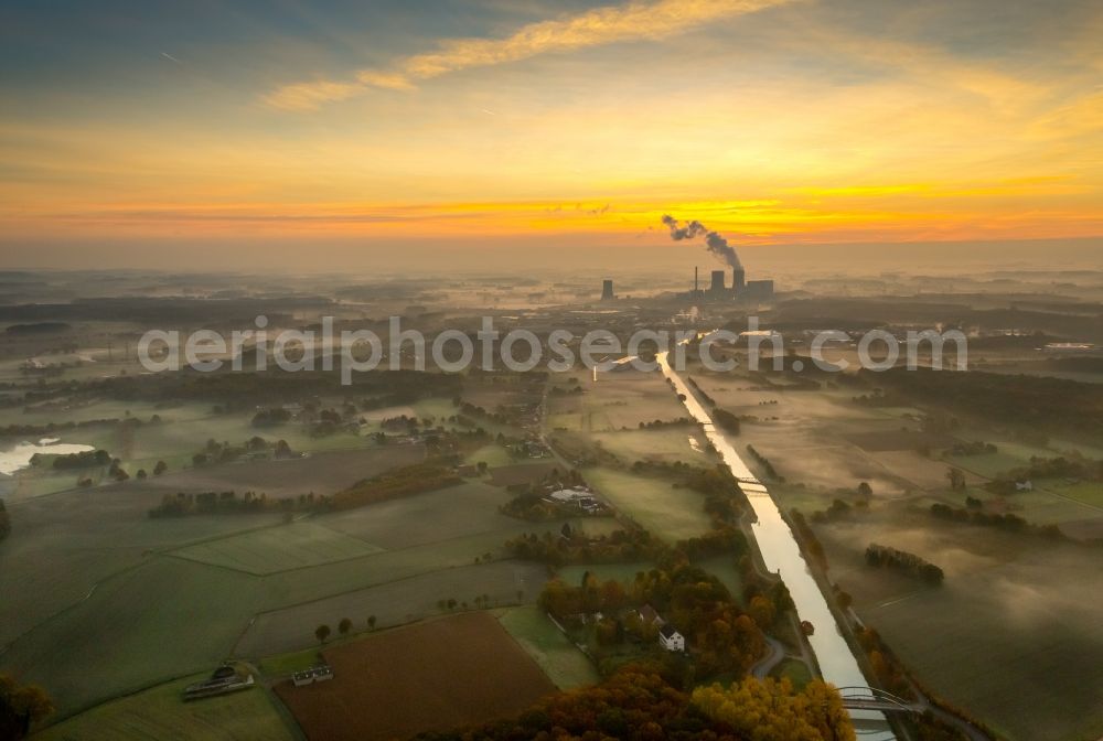 Aerial image Hamm - Coal-fired power plant Westphalia in the sunrise with smoke and cooling towers in Hamm, North Rhine-Westphalia, Germany