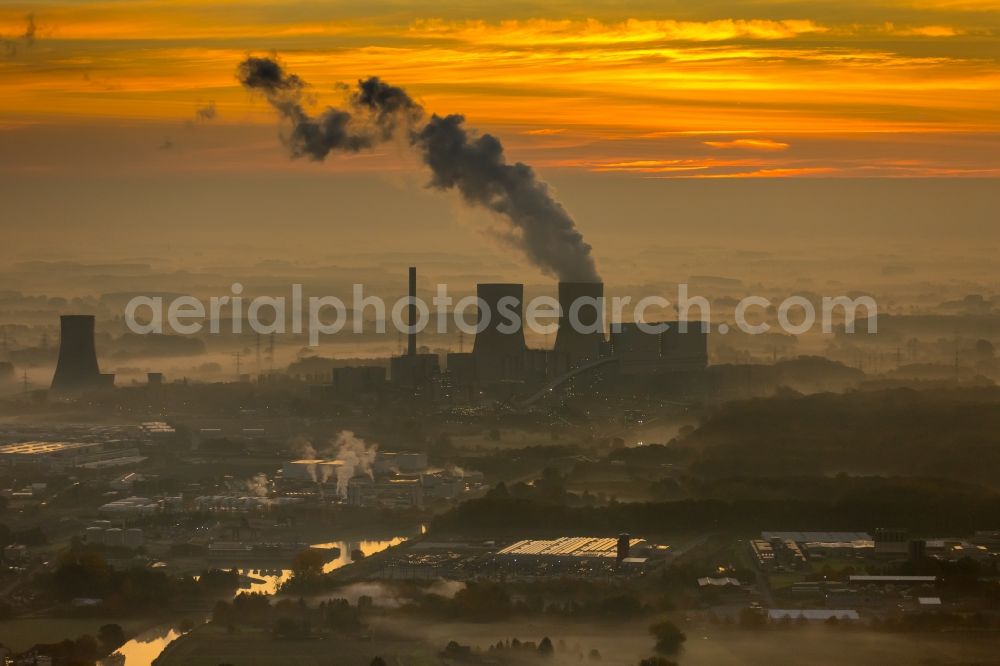 Hamm from above - Coal-fired power plant Westphalia in the sunrise with smoke and cooling towers in Hamm, North Rhine-Westphalia, Germany