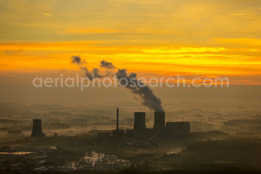 Aerial image Hamm - Coal-fired power plant Westphalia in the sunrise with smoke and cooling towers in Hamm, North Rhine-Westphalia, Germany