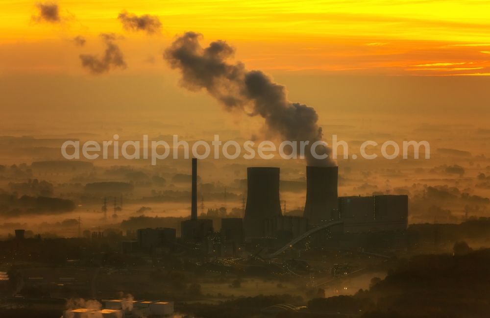 Hamm from above - Coal-fired power plant Westphalia in the sunrise with smoke and cooling towers in Hamm, North Rhine-Westphalia, Germany