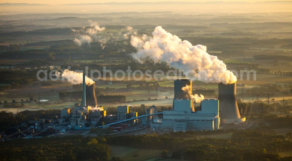 Hamm from above - Coal-fired power plant Westphalia in the sunrise with smoke and cooling towers in Hamm, North Rhine-Westphalia, Germany