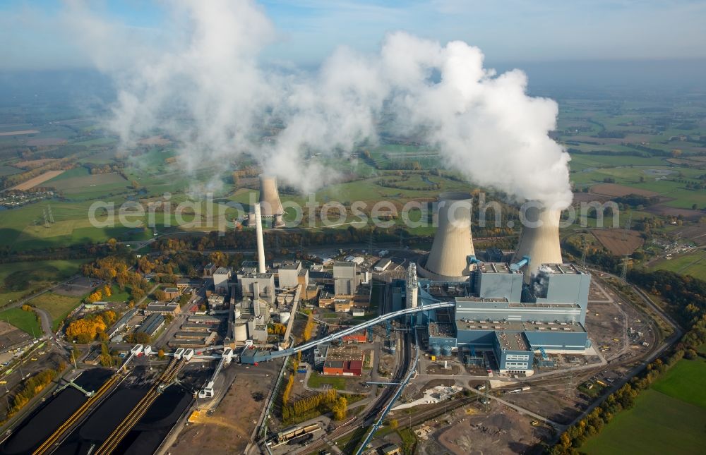 Aerial image Hamm - Coal-fired power plant Westphalia in the sunrise with smoke and cooling towers in Hamm in the state of North Rhine-Westphalia