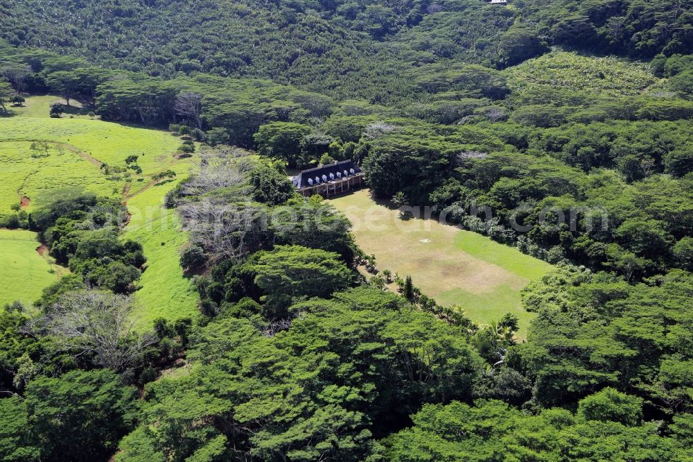 Aerial image Chamarel - Landscape with a magnificent villa of the colonial-era south of Chamarel in the fertile southwest of Mauritius