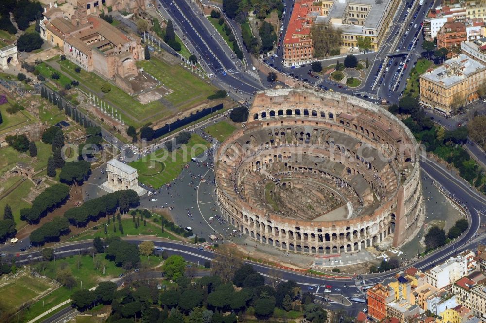 Aerial image Rom - Colosseum - the ancient Roman amphitheater in Rome, Italy