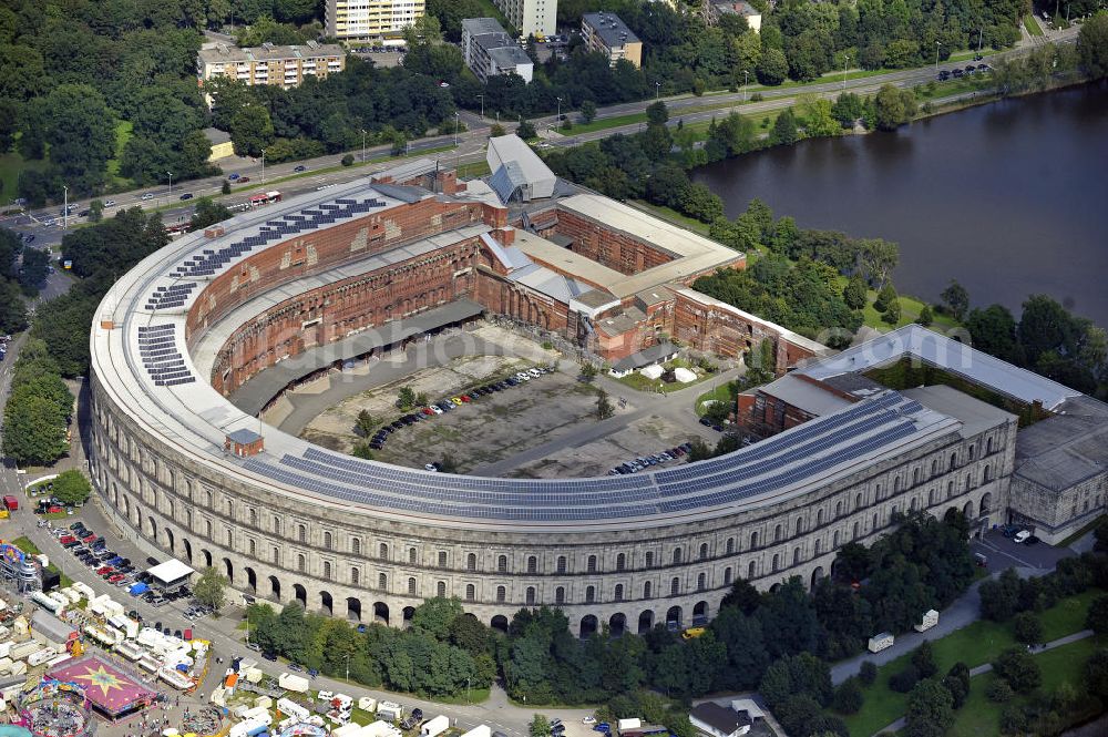 Nürnberg from above - Blick auf die nicht fertiggestellte Kongresshalle auf dem ehemaligen Reichsparteitagsgelände. Das Gebäude hat die Maße von 240 m x 200 m. View of the unfinished Congress Hall at the former Nazi Party Rally Grounds. The building has dimensions of 240 m x 200 m.