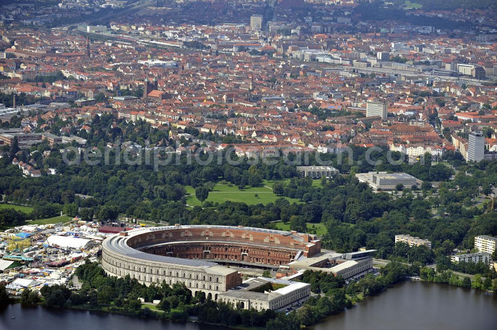 Aerial photograph Nürnberg - Blick auf die nicht fertiggestellte Kongresshalle auf dem ehemaligen Reichsparteitagsgelände. Das Gebäude hat die Maße von 240 m x 200 m. View of the unfinished Congress Hall at the former Nazi Party Rally Grounds. The building has dimensions of 240 m x 200 m.