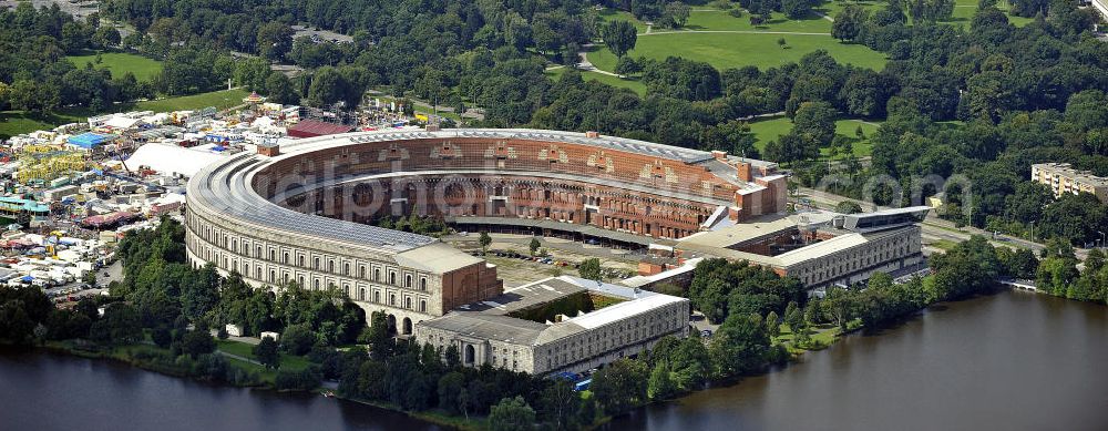 Nürnberg from above - Blick auf die nicht fertiggestellte Kongresshalle auf dem ehemaligen Reichsparteitagsgelände. Das Gebäude hat die Maße von 240 m x 200 m. View of the unfinished Congress Hall at the former Nazi Party Rally Grounds. The building has dimensions of 240 m x 200 m.