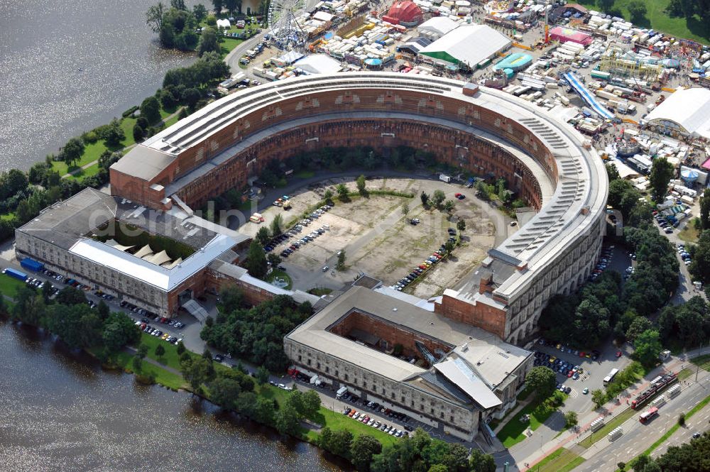 Nürnberg from above - Blick auf die nicht fertiggestellte Kongresshalle auf dem ehemaligen Reichsparteitagsgelände. Das Gebäude hat die Maße von 240 m x 200 m. View of the unfinished Congress Hall at the former Nazi Party Rally Grounds. The building has dimensions of 240 m x 200 m.