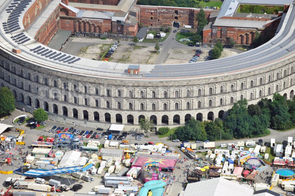 Aerial photograph Nürnberg - Blick auf die nicht fertiggestellte Kongresshalle auf dem ehemaligen Reichsparteitagsgelände. Das Gebäude hat die Maße von 240 m x 200 m. View of the unfinished Congress Hall at the former Nazi Party Rally Grounds. The building has dimensions of 240 m x 200 m.