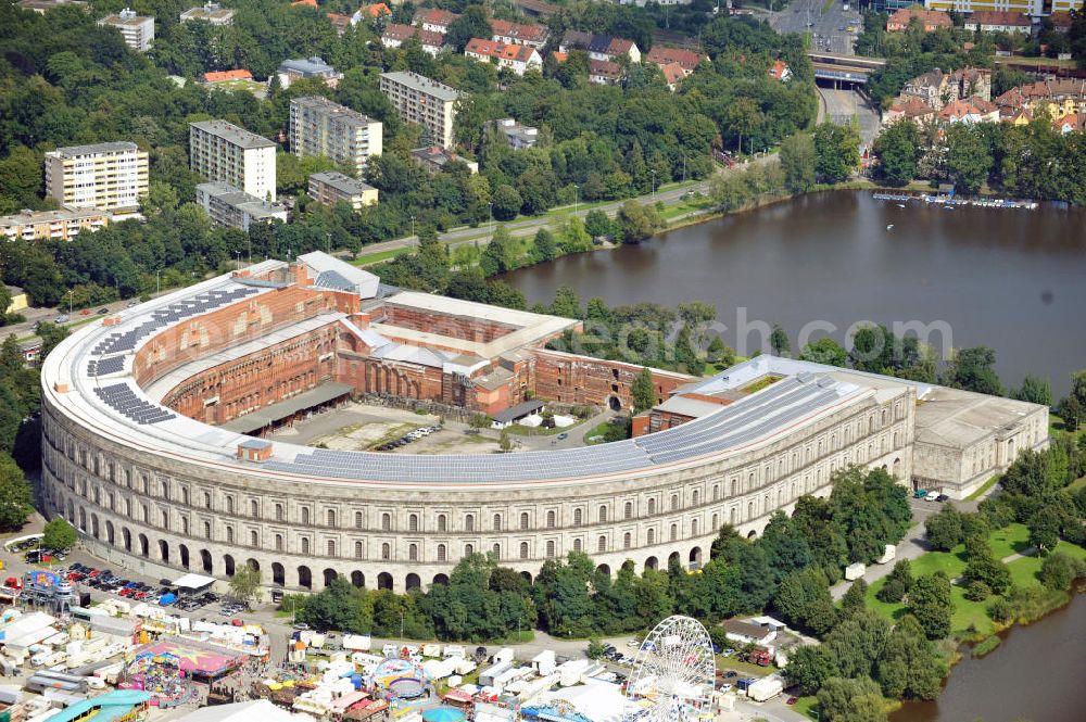 Nürnberg from above - Blick auf die nicht fertiggestellte Kongresshalle auf dem ehemaligen Reichsparteitagsgelände. Das Gebäude hat die Maße von 240 m x 200 m. View of the unfinished Congress Hall at the former Nazi Party Rally Grounds. The building has dimensions of 240 m x 200 m.