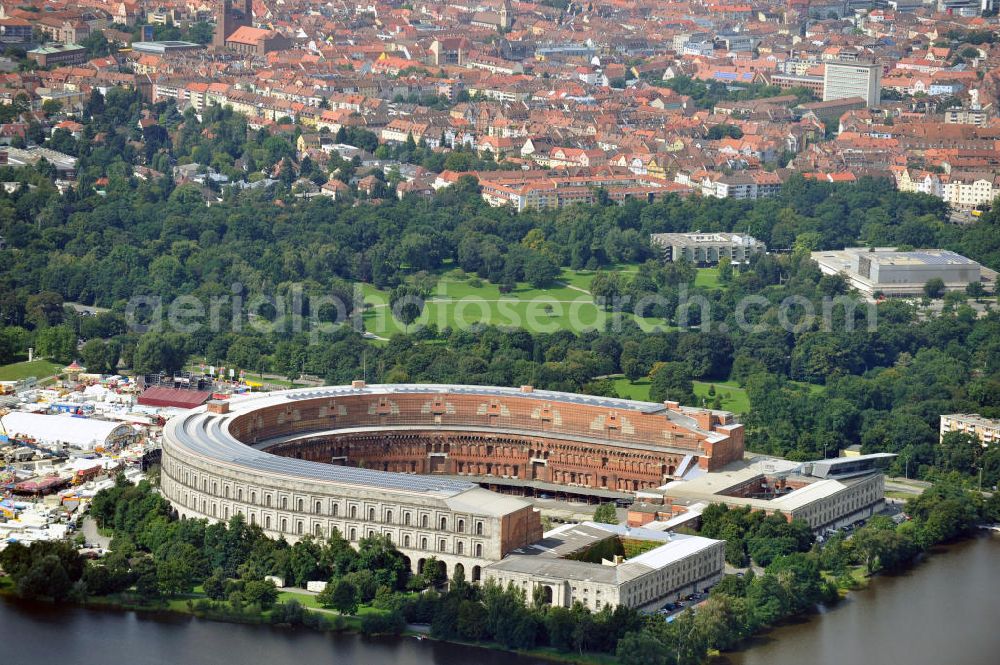 Aerial photograph Nürnberg - Blick auf die nicht fertiggestellte Kongresshalle auf dem ehemaligen Reichsparteitagsgelände. Das Gebäude hat die Maße von 240 m x 200 m. View of the unfinished Congress Hall at the former Nazi Party Rally Grounds. The building has dimensions of 240 m x 200 m.