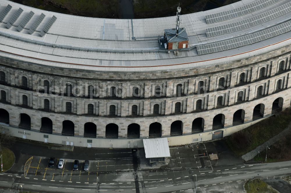 Nürnberg from above - The unfinished NS Congress Hall at the Reichsparteitags area in Nuernberg in the state Bavaria. The National Socialist Monumental Building on the Dutzendteich is home to the Documentation Center and is a protected monument