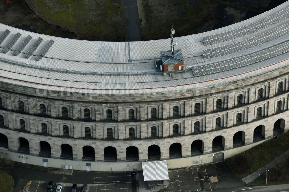 Nürnberg from the bird's eye view: The unfinished NS Congress Hall at the Reichsparteitags area in Nuernberg in the state Bavaria. The National Socialist Monumental Building on the Dutzendteich is home to the Documentation Center and is a protected monument