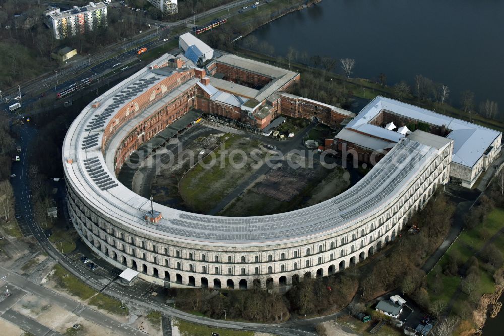 Aerial photograph Nürnberg - The unfinished NS Congress Hall at the Reichsparteitags area in Nuernberg in the state Bavaria. The National Socialist Monumental Building on the Dutzendteich is home to the Documentation Center and is a protected monument