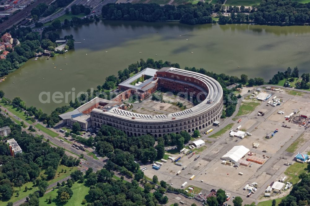 Nürnberg from the bird's eye view: The unfinished NS Congress Hall at the Reichsparteitags area in Nuernberg in the state Bavaria. The National Socialist Monumental Building on the Dutzendteich is home to the Documentation Center and is a protected monument