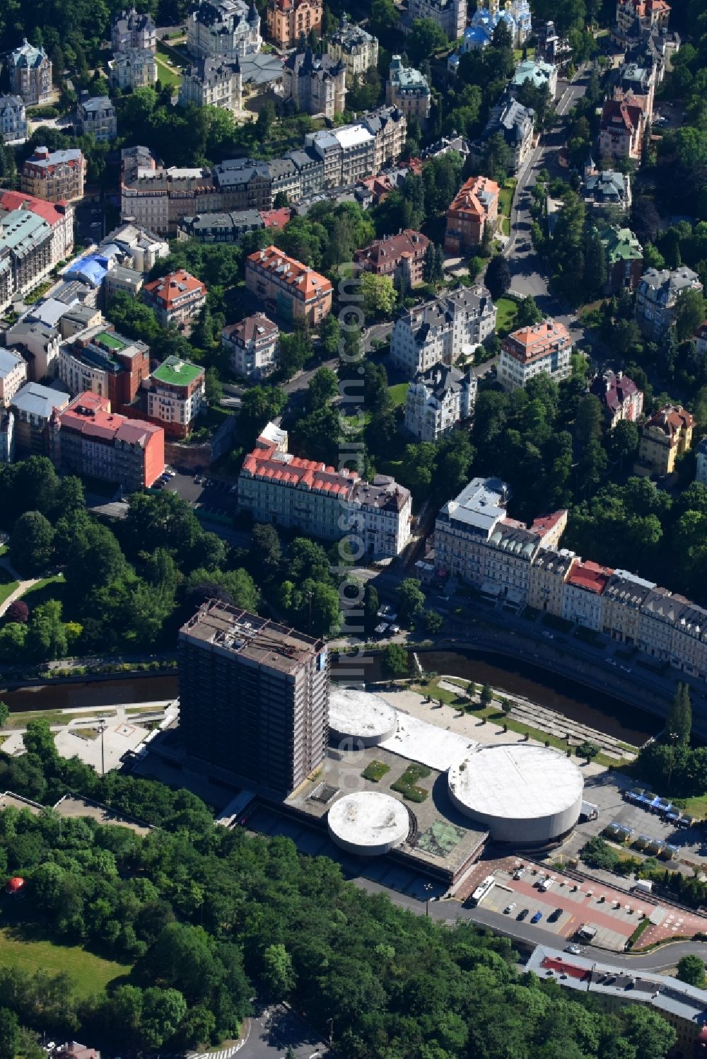 Karlovy Vary - Karlsbad from above - Congressional centre and fair halls of the Thermal Velky Sal in Karlovy Vary - Karl's bath in Cechy - Bohemia, Czechia