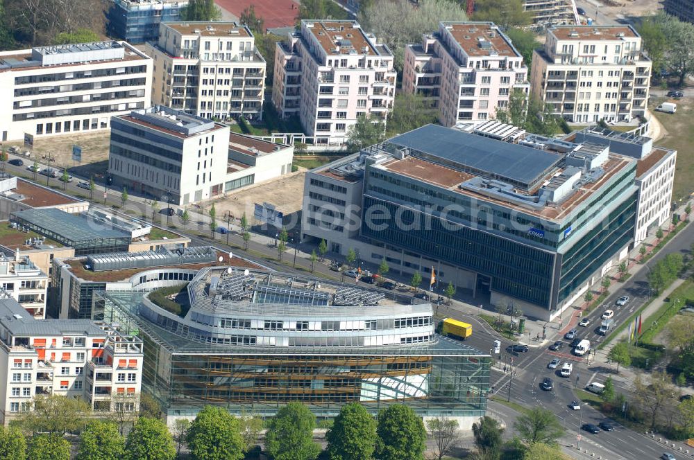 Aerial image Berlin - Blick auf das Konrad-Adenauer-Haus am Berliner Tiergartendreieck. Der von den Architekten Petzinka Pink und Partner geplante Neubau für die CDU-Bundesgeschäftstelle ist ein ellipsenförmiger, siebengeschossige Baukörper mit einem als Glasgalerie ausgebildeten Wintergarten. View of the CDU Federal office at the Berlin Tiergarten Triangle.