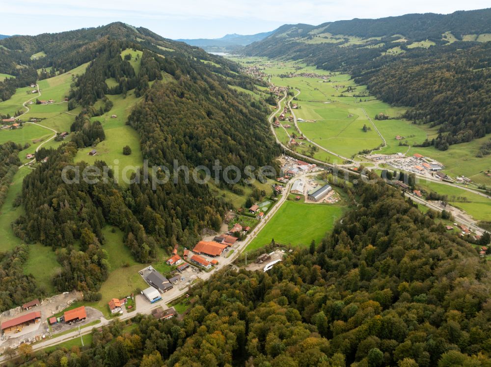 Oberstaufen from above - Konstanz Valley with mountains, forests and meadows near Oberstaufen in the state of Bavaria, Germany